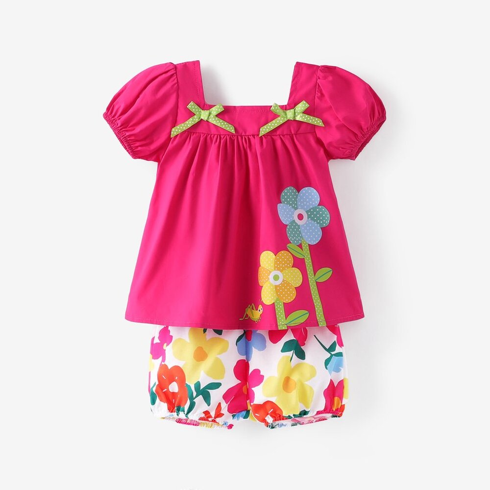 NWT Baby Girl 2pcs Sweet Big Flower Pattern Square Neckline Top and Shorts Set